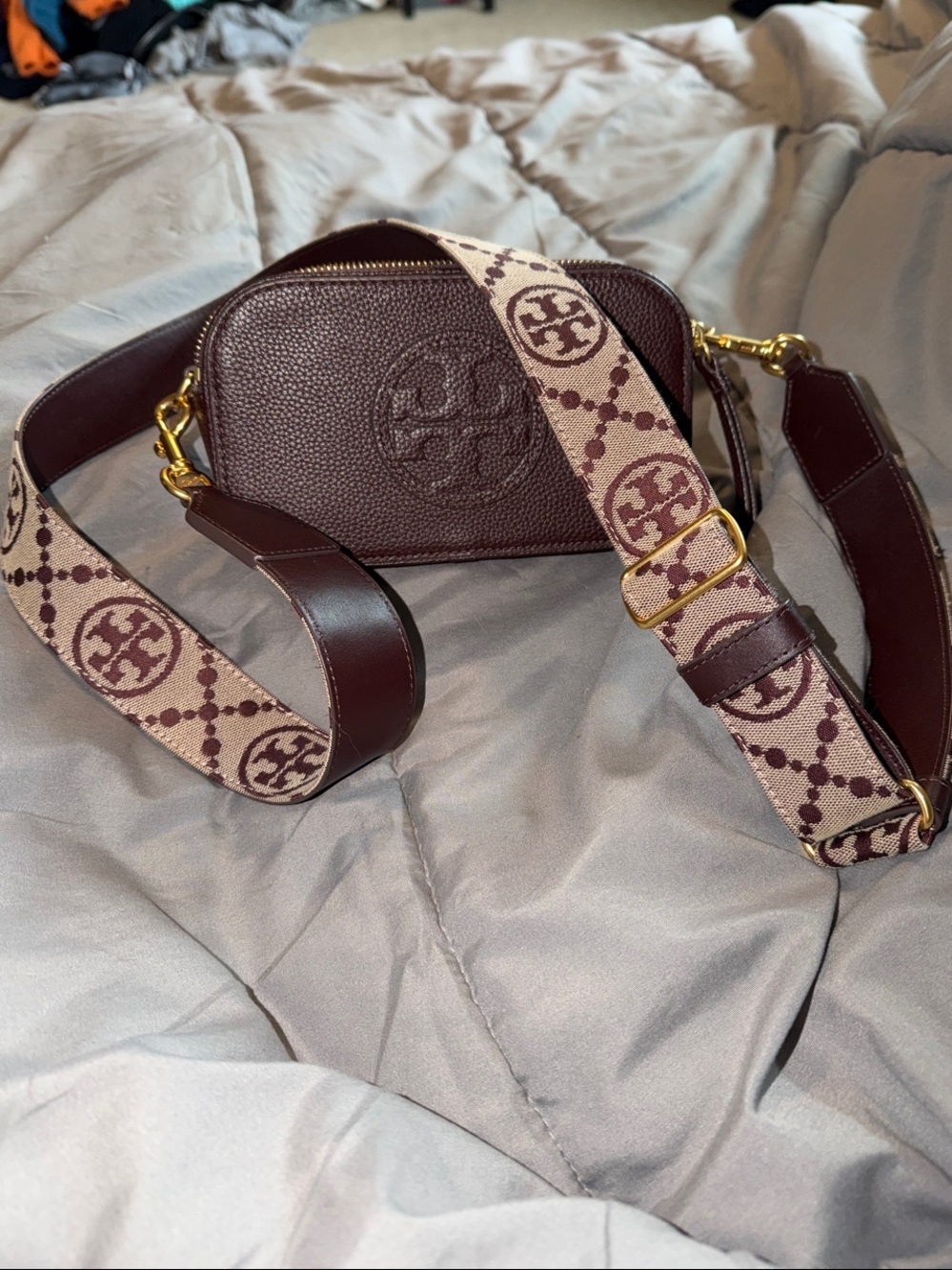 Tory Burch Pebbled Leather Crossbody in Deep Wine with Patterned Strap